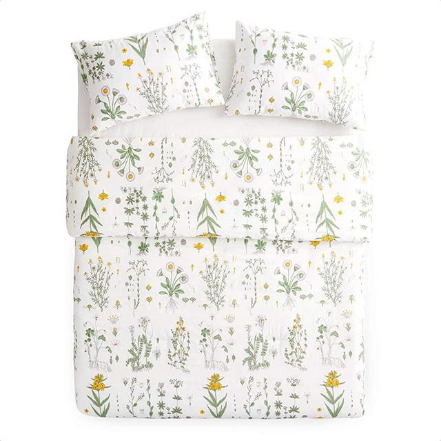 Wake In Cloud - Botanical Comforter Set, 100% Cotton Fabric with Soft Microfiber Fill Bedding, Yellow Flowers and Green Leaves Floral Garden Pattern Printed on White (3pcs, Full Size)
