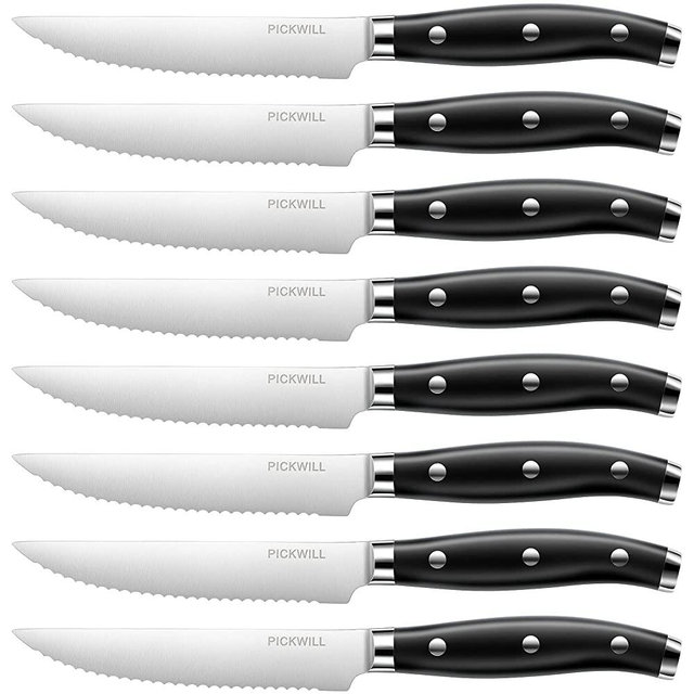PICKWILL Steak Knives Set of 8, Serrated Steak Knives 4.5 Inch High Carbon German Stainless Steel Full Tang Triple Rivet Handle, Kitchen Steak Knives with Gift Box