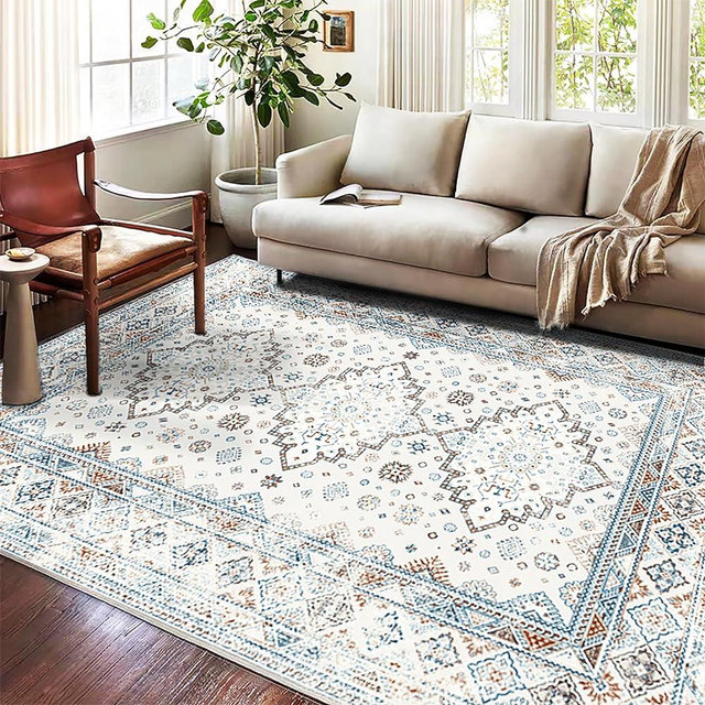 CHAMPLANT Washable Area Rug 8x10 Retro Flowers Boho Design Non-Shedding Easy Care Ideal for High Traffic Areas in Living Room Bedroom Office Coffee Table Kitchen Large Carpet