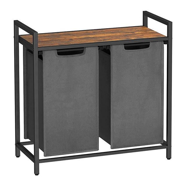 VASAGLE Laundry Basket, 2-Compartment Laundry Hamper, Pull-Out and Removable Laundry Bags, Oxford Fabric, Metal Frame, 2 x 12.2L, 28.7 x 13 x 28.3 Inches, Rustic Brown and Gray UBLH201G01