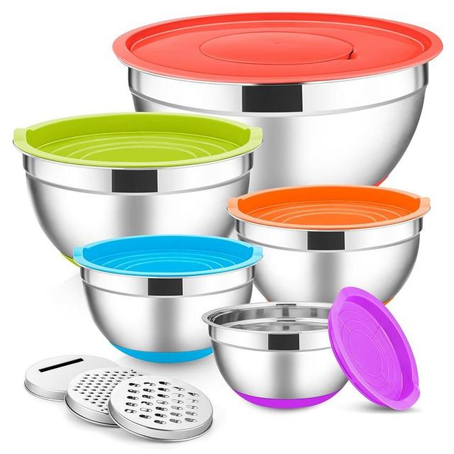 E-far Stainless Steel Mixing Bowls with Lids Set, 5-Piece Nesting Salad Bowls with 3 Grater Attachments and Non-Slip Bottoms, Size 4.6, 2.6, 2, 1.5, 1QT for Kitchen (Colorful)