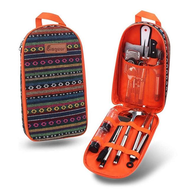 Bisgear 14pcs Backpacking Camping Cookware Kitchen Utensil BBQ Organizer Travel Mess Kit with Water Resistant Case, Cutting Board, Rice Paddle, Tongs, Scissors, Knife, Spork