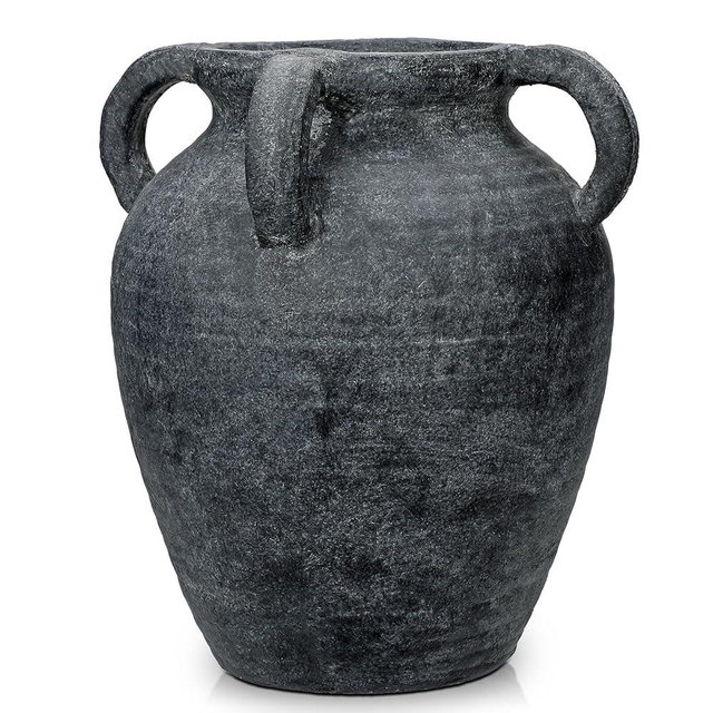 Handmade Flower Vase, 12" Tall Terracotta Vase, Vintage Black Ceramic vase, Rustic Antique Decor with 3 Handles, Wide Mouth, Matte Finish for Home Office Resto Café Décor