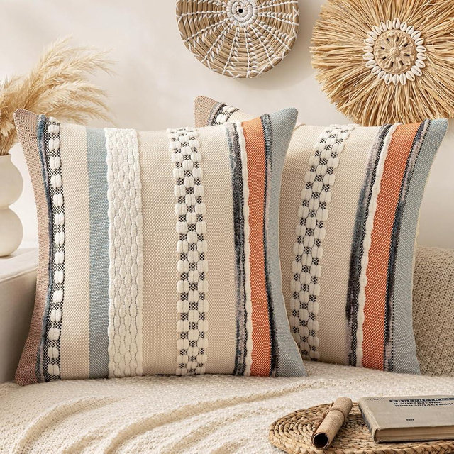 ANRODUO Pack of 2 Boho Decorative Throw Pillow Covers 18x18 Farmhouse Cushion Case Striped Chenille Pillow Cases Square Pillow Covers Accent Neutral Pillowcase for Sofa Couch Bed, Orange-Blue Stripe
