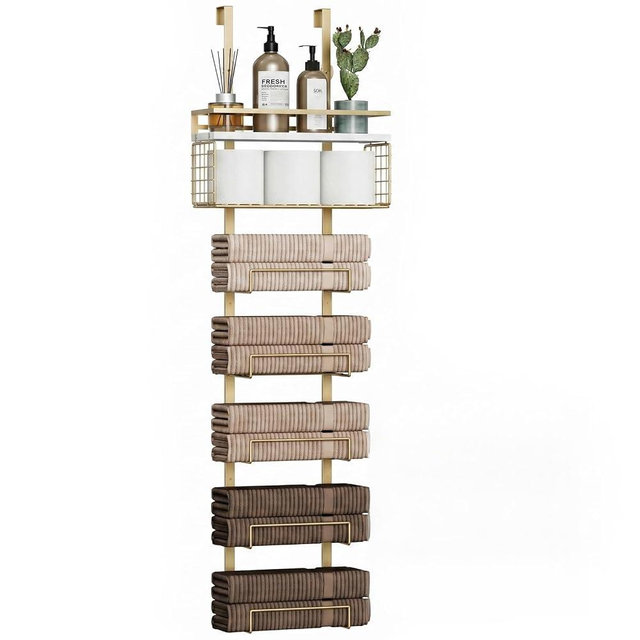 Aetyord Towel Racks for Bathroom Over The Door Towel Racks Towel Storage Organizer with Metal Shelf Basket for Bathroom Rv Camper (7-Tier Gold)