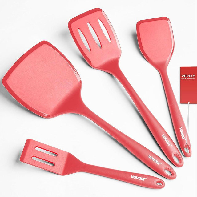 Silicone Spatula Set, 600°F Heat Resistant Silicone Spatula Turner Flipper for Cooking, Non Stick and Non Scratch Kitchen Utensils for Eggs & Pancakes, 4 Pack, Red
