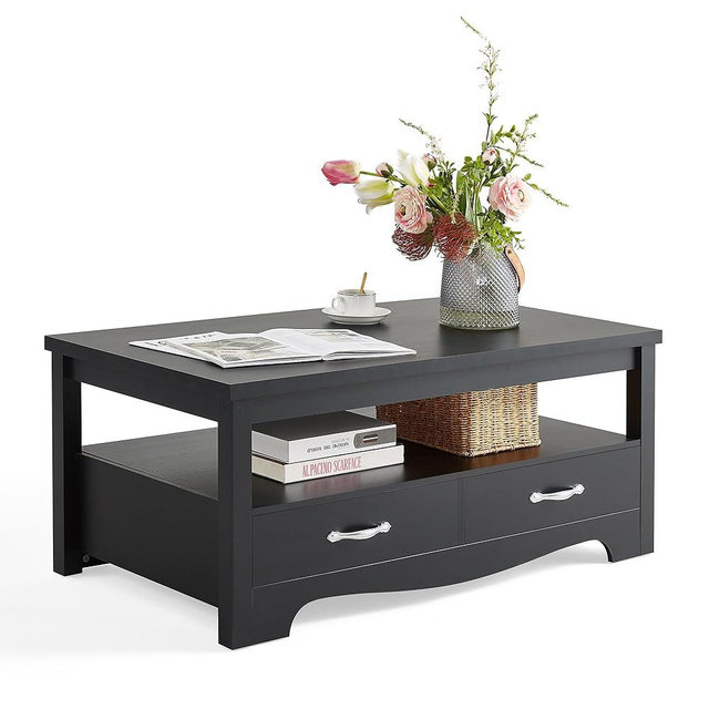 LINSY HOME Farmhouse Coffee Table with Storage, Wood Coffee Table for Living Room, Open Display Area and Storage Drawers with Metal Handles, Chic Style with Curved Base, Black