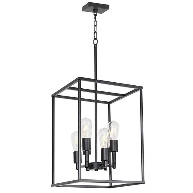 VINLUZ Classic Foyer Pendant Lighting 6 Light Black Farmhouse Chandelier Finish with Square Cage Shades Fixtures for Kitchen Dining Room Entryway