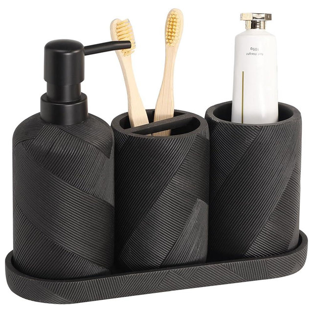 Bathroom Accessories Set, Bathroom Organizer Countertop, Soap Dispenser and Toothbrush Holder, Mouthwash Cup, Tray Set, Vanity Tray for Bathroom, 4 Pieces Modern Decor (Matte Black)