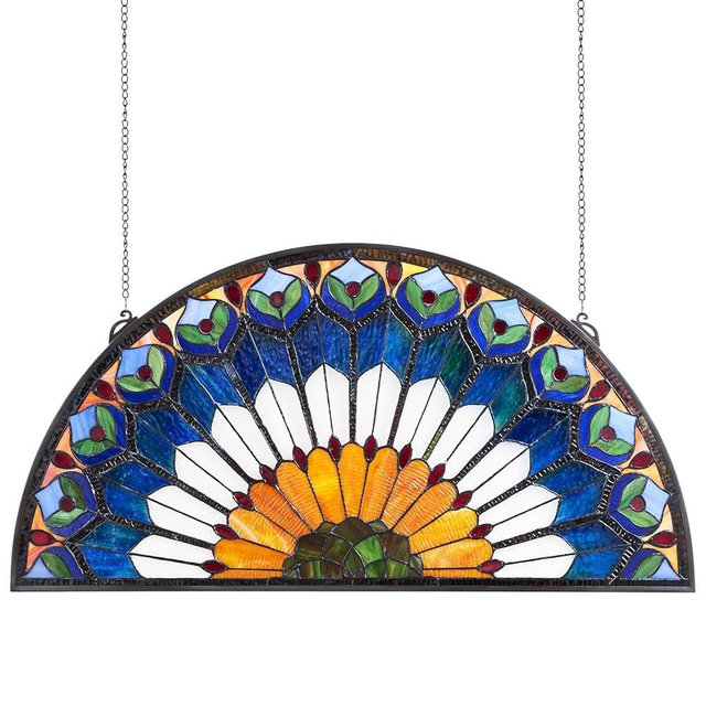 VEVOR Stained Glass Window Panel, 36 x 18 in, Tiffany Style Hanging Transom Window Panel with Chain, Large Half-Round Stain Glass Hanging, Vintage Traditional Art Handcrafts for Kitchen Home Decor