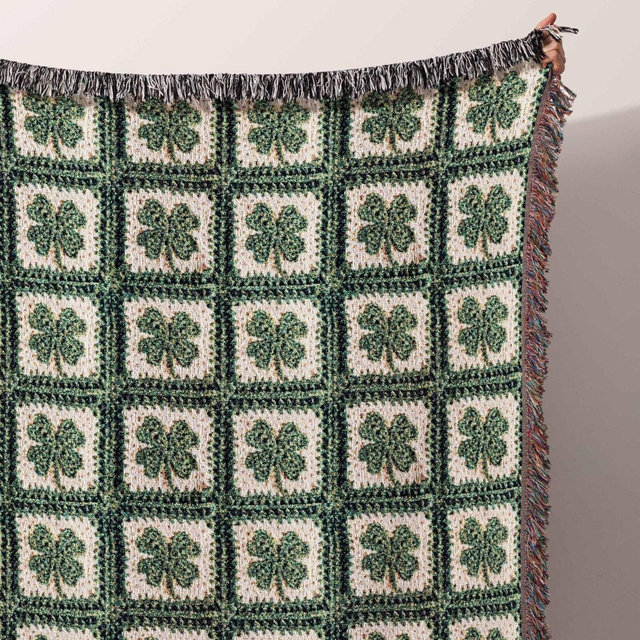 IRISH Throw Blanket Lucky 4 Leaf Clover Woven Cotton Blanket Rustic Cottagecore Room Decor, Shamrock Heirloom Quality Tapestry Wall Art