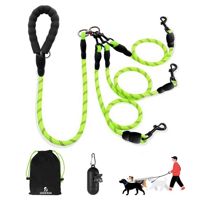 LEOSASA No Tangle 3 Dog Leash -Main Lead Rope with Padded Handle, Three Detachable Leash Splitters, Heavy-Duty Clip, 4.76ft for Walking, Running, Small, Medium, Large Dogs (Green)