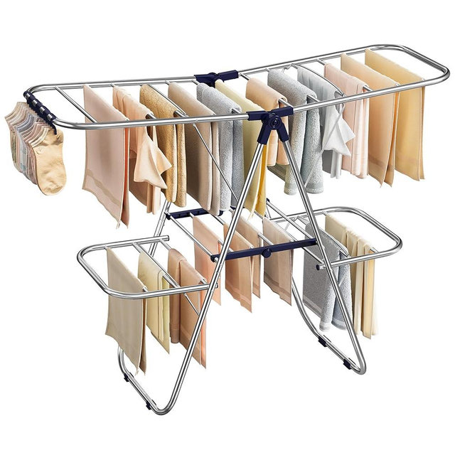 SONGMICS Clothes Drying Rack, Foldable Laundry Drying Rack, Sock Clips, Metal Clothes Airer with Height-Adjustable Gullwings, Space-Saving, Indoor Outdoor, 17 x 51.2 x 41.7 Inches, Blue ULLR506EQ01
