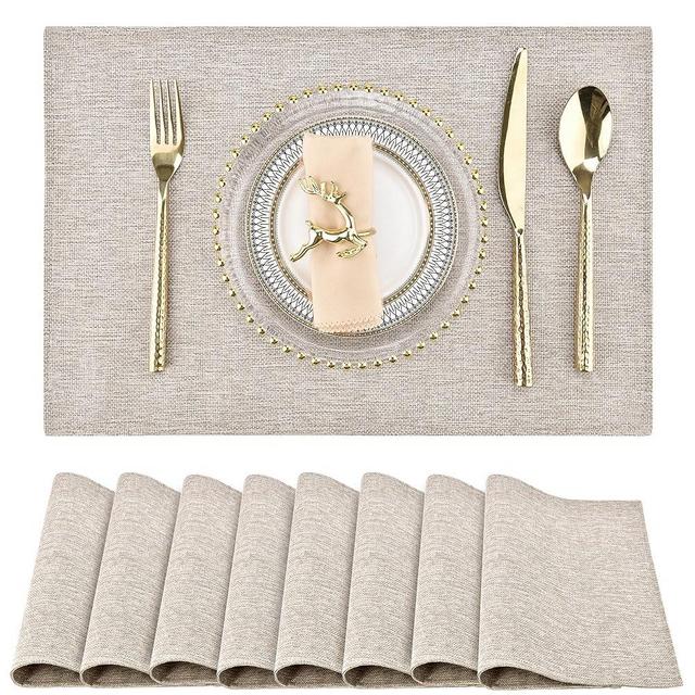 SLKQG Cloth Placemats Set of 8 - Easy to Clean Fabric Table Placemats - Machine Washable Placemats- Heat Resistant Non-Slip Table Mats (Beige Gray, 8)