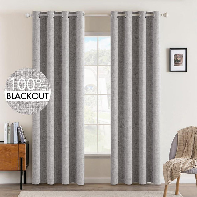 MIULEE Linen Texture Curtains for Bedroom Solid 100% Blackout Thermal Insulated Greyish White Curtains Grommet Room Darkening Curtains/Draperies for Living Room Nursery 52x84 Inch (2 Panels)