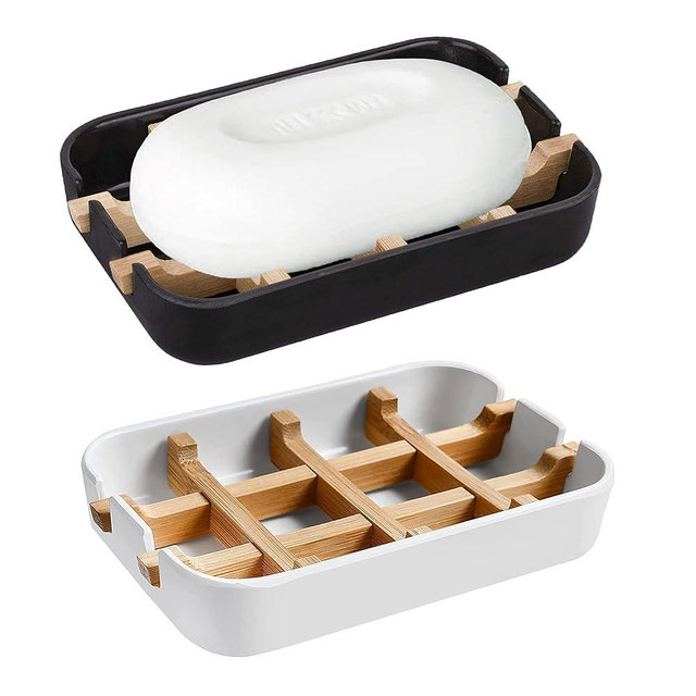 Aoheuo Modern Bamboo Fiber (2 Pack) Soap Holder and Soap Dish Combination (Removable),5.12 Long by 3 Wide, 0.98 inches high, Used in Kitchens, bathrooms, and bar Sinks