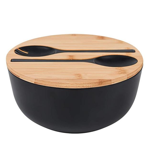 Bamboo Fiber Salad Bowl with Servers Set - Large 9.8 inches mixing bowls Solid Bamboo Salad Wooden Bowl with Bamboo Lid Spoon for Fruits,Salads and Decoration (9.8 inch, Black)