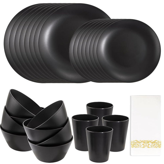 Supernal 32pcs Black Wheat Straw Dinnerware Sets with 25pcs Linen Napkins,Plates and Bowls Sets for 8,Black Plastic Dinnerware Sets, Microwave Dishwasher Safe Plates, Dishes Set for 8