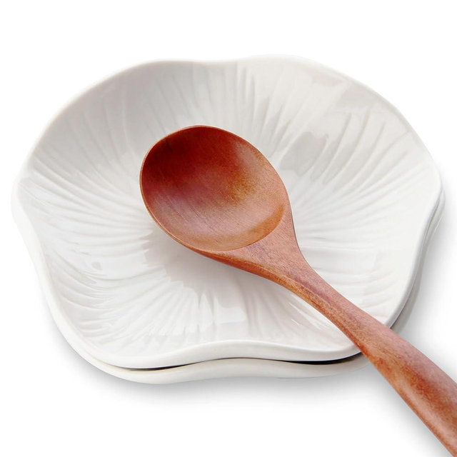 TAOUNOA Ceramic Spoon Rest 2 Pack, 5.3 Inch Flower Design Non-Slip Spoon Holder for Stove Top & Kitchen Counter, Rustic Cute Cooking Utensil Rest, Dishwasher Safe Heat Resistant