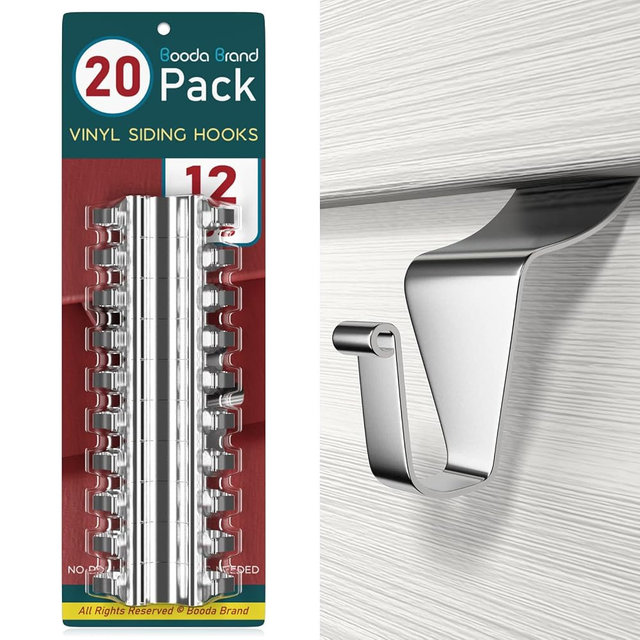 Booda Brand Vinyl Siding Hooks (20 PCS), Heavy-Duty Stainless Steel Siding Hooks Vinyl Siding Hangers, Low Profile & No Holes Needed Siding Clips for Hanging Wreaths, Welcome Signs, String Lights
