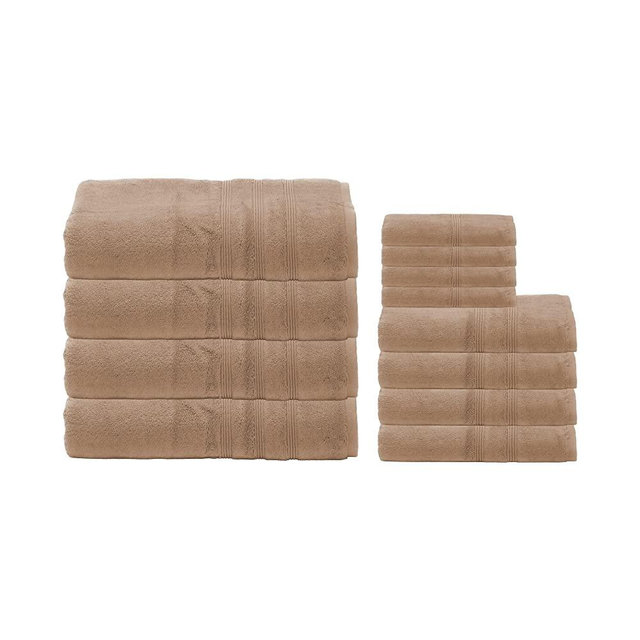 Mosobam 700 GSM Luxury Bamboo 12pc Large Oversized Bathroom Set, Light Taupe, 4 Bath Towels 30X58 4 Hand Towels 16X30 4 Face Washcloths (Wash Cloth) 13X13, Turkish Towel Sets, Quick Dry