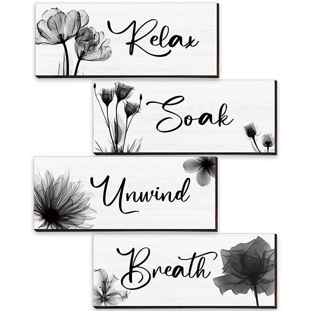 Shellwei 4 Pieces Elegant Bathroom Wall Decor Sign Tulip Relax Soak Unwind Breathe Wall Art Farmhouse Rustic Wood Plaque Vintage Wooden Printed Sign Hanging Bathroom Decoration for Spa (Black)