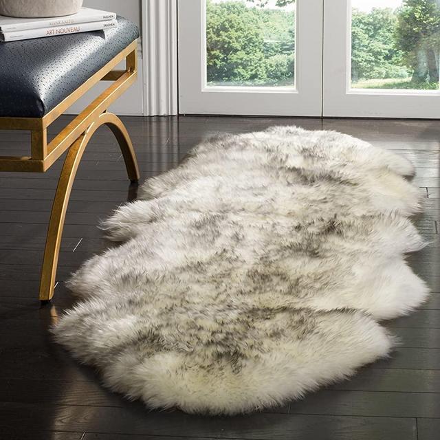 Safavieh Sheep Skin Collection SHS121E Handmade Rustic Glam Genuine Pelt 3.4-inch Extra Thick Runner, 2' x 6' , Ivory / Smoke Grey