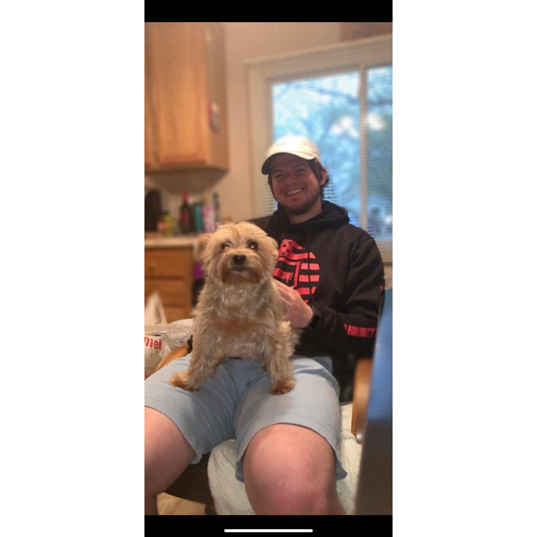 Matt with Crystal's childhood dog, Roxy. They have a funny relationship. She makes it clear that she is the boss.
