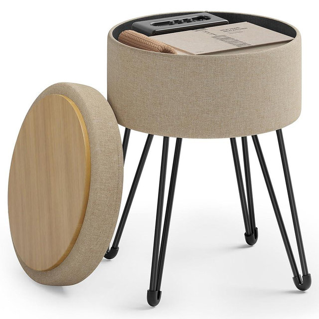 SONGMICS Vanity Stool Chair, Small Ottoman Stool with Storage, Vanity Chair, 15.4 Dia. x 17.4 Inches, 4 Metal Legs, for Makeup Room, for Living Room, Bedroom, Camel Brown ULOM002K01