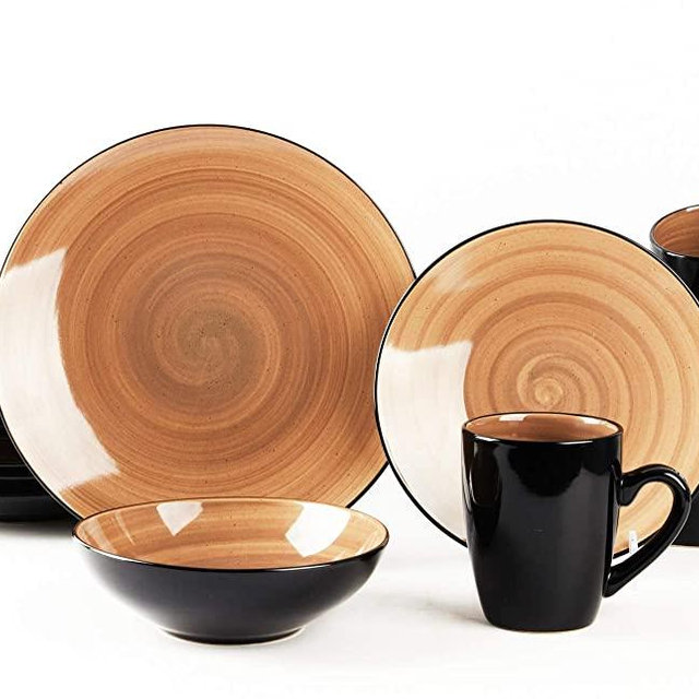 HomeVss, Stoneware Sonoma 16pc Dinnerware Set, Black + Speckled Spin Wash Mocha