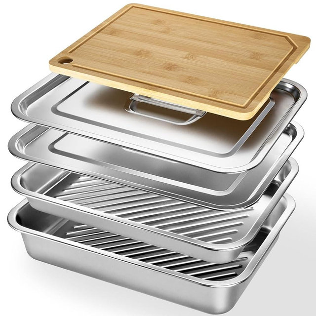 BLAZPATH 5-in-1 Grill Prep Trays and Carry System, Grilling Prep and Serve Trays, Stainless Steel BBQ Meat Marinating Container with Lid and Cutting Board, Large Grilling Meal Carrying Box Accessories