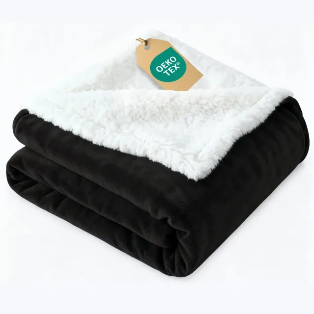 CGK Linens Solid Plush Bed Blanket with Faux Shearling Reverse, Queen Size, Black