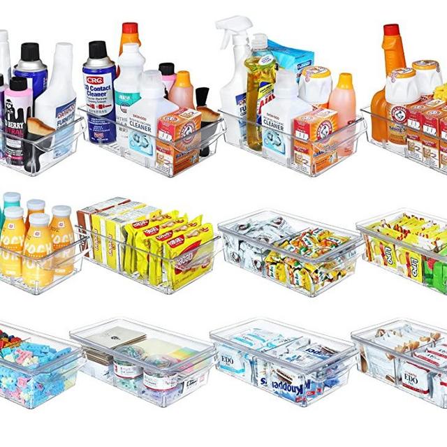 KAMOTA Plastic Storage Organizer Shallow Container Bin with Lid and Dividers for Bathroom, Pantry, Kitchen Cabinet, Fridge, Office and Home Organization - 12 pack - Clear