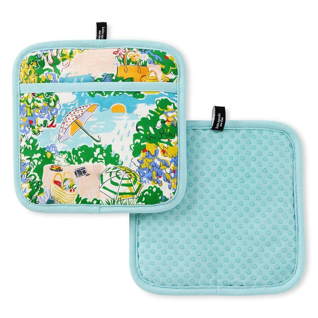 Kate Spade New York Spring Garden Pot Holder 2-Pack Set, Heat Resistant, 100% Cotton with Printed Non-Slip Silicone Grip, Blue/Green/Beige, 8" Square