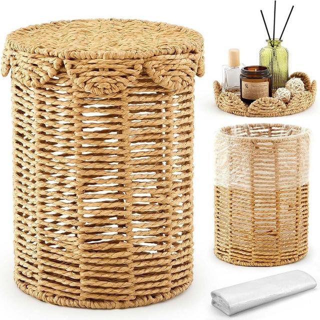 Ctosree 1.3 Gallons Small Wicker Trash Can with Lid Handle Woven Wicker Rattan Bathroom Waste Basket Boho Trash Basket with 100 Plastic Garbage Bags for Bedroom Office Laundry (Scalloped Style)