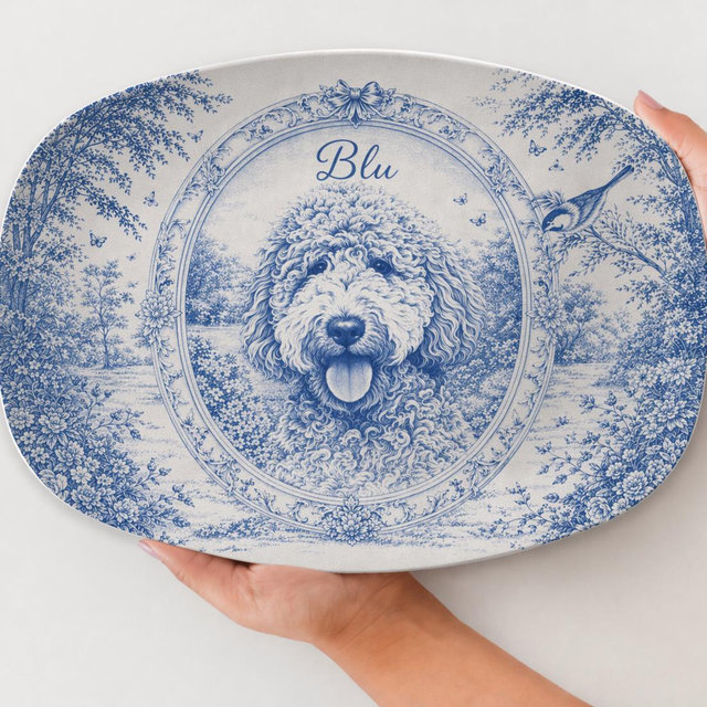 Personalized Pet Portrait Platter, Blue Toile Dog Illustration, Custom Name, Plate Table Decor - 10x14 inches