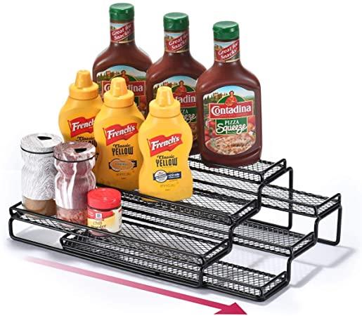 3 Tier Expandable Cabinet Spice Rack Organizer - Step Shelf with Protection Railing (12.5 to 25"W), Chrome