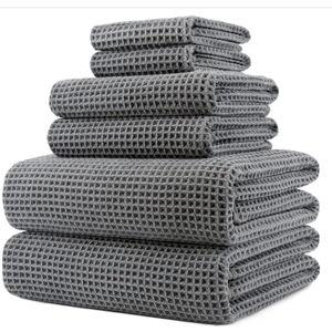 POLYTE 430 GSM Microfiber Quick Dry Lint Free Oversize Bath Towel Set, 6 Piece (Waffle Weave)