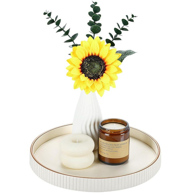 GORESE Round Decorative Serving Tray for Coffee Table Decor, PU Leather Table Centerpiece Home Decor, Desk Valet Tray for Trinket Jewelry Perfume Key, Ottoman Tray Nightstand Organizer, Cream White