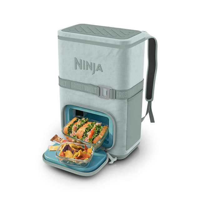 Ninja Backpack Cooler | FrostVault Go 24 Can Soft Cooler | Leakproof Zipper with Built in Can Opener, 2 Ice Packs & Dry Storage Drawer | for Hiking, Camping & More | Soft Sage | FF124GN2