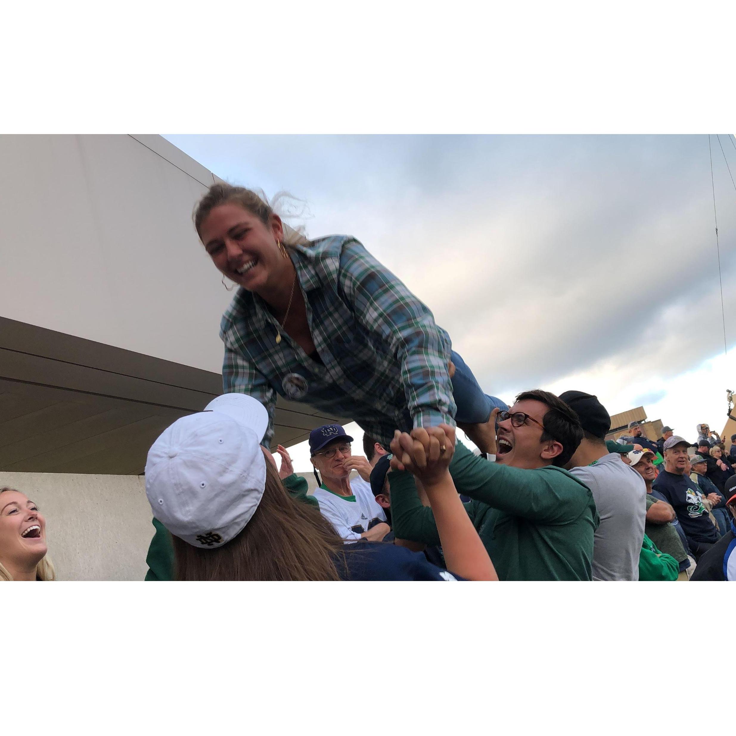 Julia's first Notre Dame game... where due to her hesitancy in buying into the school's tradition, Rob had to lift her 35 times (with tons of enthusiasm nonetheless)