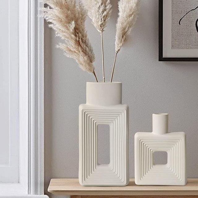 White Ceramic Vase Set of 2，Square Vase Rustic Home Decor Minimalist Nordic Boho Style for Living Room, Shelf , Table, Bookshelf, Mantel and Entryway Decor Vases