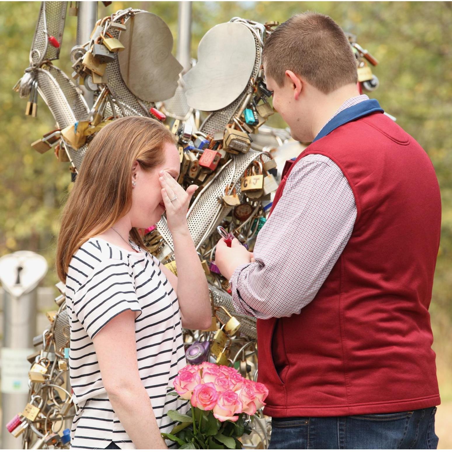 Get yourself a man who only makes you cry happy tears, too! He had a custom engraved lock for us to put on the statues in the park right after we got engaged! He is SO thoughtful!