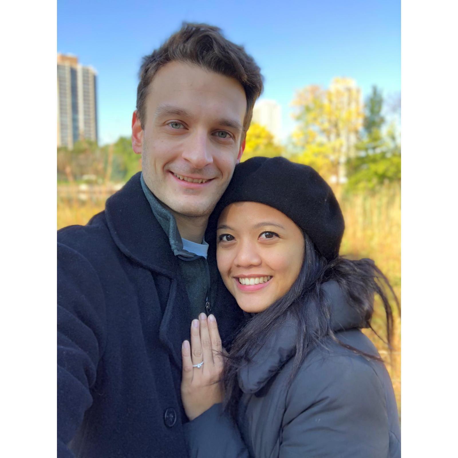 We're engaged! Taken right after the proposal happened in Chicago