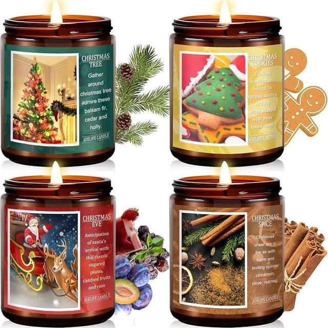 Christmas Candle Set | 4Pack Scented Candles Holiday Candle Gifts - Soy Candles Home Scented, Xmas Gift for Women and Men - Scents of Christmas Tree/Spice/Cookies/EVE
