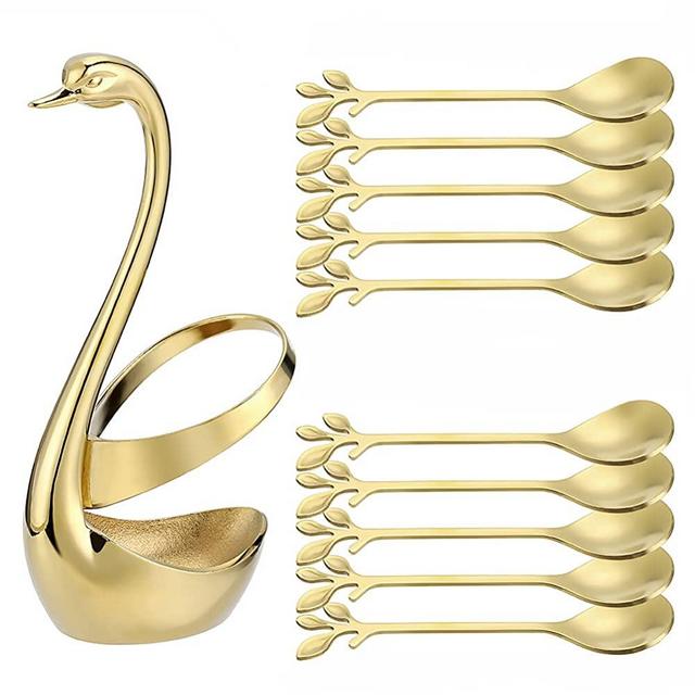Decorative Swan Base Holder with 10pcs 4.7’’ Coffee Spoon set,AnSaw Creative Gold Leaf Dessert Spoons，Premium Food Grade Stainless Steel,Mirror Finish & Dishwasher Safe (Gold Swan Base Holder+10Soopn)