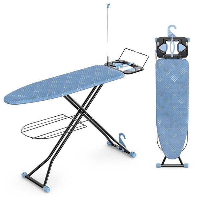 KINGBOARD Ironing Board, Compact Iron Board Full Size with Extra Thick Cover, 7 Adjustable Heights Stand with Hanger and Iron Rest, Large Heavy Duty Ironing Board with Storage Tray, 13x43 Blue