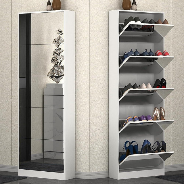 Organizedlife Mirror Shoe Cabinet, Hidden Shoe Storage Organizer with FILP Drawers Door, 5 Tier Free Standing Shoe Rack for Closet, Entrance