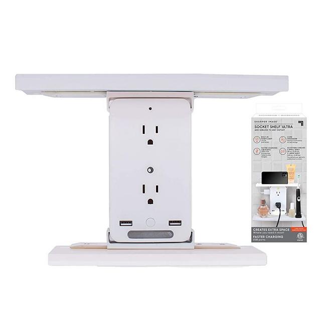 Sharper Image Socket Shelf Ultra 8 Port Surge Protector Wall Outlet Extender, 6 Outlets, 2 Fast Charging USB Charging Ports, 3.1 AMP, Night Light, Cord Organizer, 2 Adjustable Shelves, ETL Listed