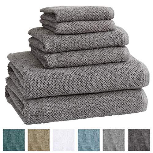 100% Cotton Bath Towels, Luxury 6 Piece Set - 2 Bath Towels, 2 Hand Towels and 2 Washcloths. Quick-Dry, Absorbent Textured Popcorn Weave Towels. Acacia Collection (6 Piece Set, Dark Grey)